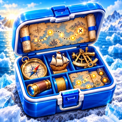 Voyage Trace app icon: a blue explorer's case with a treasure map, compass, sextant and a model ship on the ice